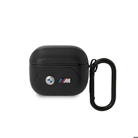 Airpods 3.Nesil Uyumlu Kılıf BMW Lisanslı PU Deri Tasarımlı 3 Renk Çizgili Çift Metal Logolu Siyah