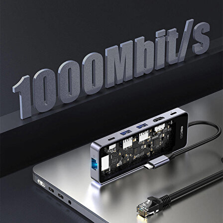 Recci RH17 Type-C to Type-C PD100W/USB3.0/HDMI/Type-C/RJ45 Bağlantılı 6in1 Hub