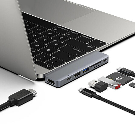 Recci RH08 Type-C to Type-C/SD/TF/USB3.0/USB2.0/HDMI/Thunderbolt 3 Bağlantılı 7in2 Hub