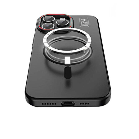 iPhone 15 Uyumlu Kılıf Recci Magnetic Glass Serisi Standlı Magsafe Şarj Özellikli Kapak Siyah