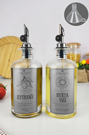 Lombardino 2'li Zeytinyağı Ve Sıvıyağ Şişesi Otomatik Kapak Gümüş Etiketli Yağdanlık 500 ml C1-1-289