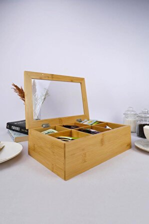 Digithome Bambu Çay Kutusu 6 Bölmeli Kapaklı Bitki Çayı Saklama Kabı Kahverengi - A/6 C1-1-289