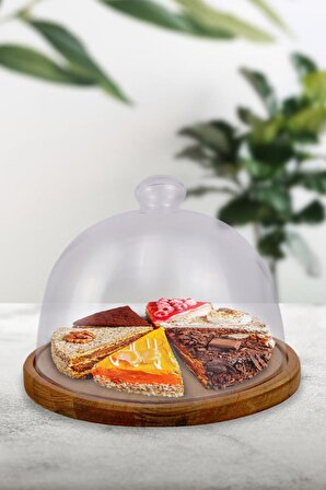 Digithome Wooden Cake Ahşap Standlı Cam Kapaklı Kek Fanusu ve Pasta Sunum Standı Yuvarlak 28 Cm - C1-1-288