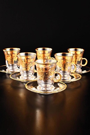Digithome Gawa Tea Glass Set of 6 Handles 18 Parça Cam Çay Bardak Seti Takımı Gold Yaldızlı – C320.004