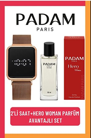 Padam Paris 2'li Hero Woman Kadın Parfüm ve Dokunmatik Dijital Kol Saati Seti(Hediye) PDMPRFBS09