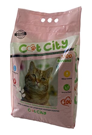 Cat City Ekstra Parfümlü Bentonit Topaklanan Kedi Kumu 10 Lt Bebek Pudralı