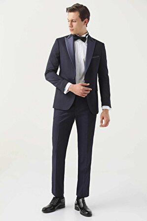 Ds Damat Slim Fit Lacivert Armürlü Çıkma Yaka Damatlık & Smokin Takim Elbise