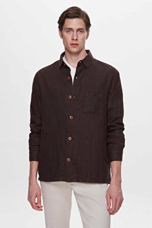 Ds Damat Comfort Fit Kahverengi Düz %100 Keten Gömlek Ceket
