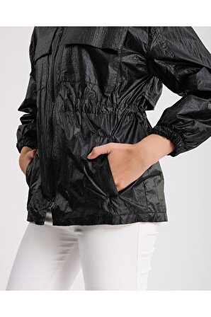 OLLEVRA Kadın Siyah Cep Detaylı Fermuarlı Ceket