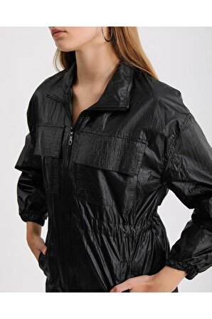 OLLEVRA Kadın Siyah Cep Detaylı Fermuarlı Ceket