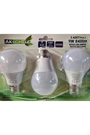 Aklight LED 9W/6500K 840lm E27 BEYAZ IŞIK 3LÜ PAKT