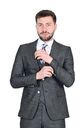 Cengiz İnler Kırçıllı Kırlangıç Yaka Yelekli Erkek Takım Elbise