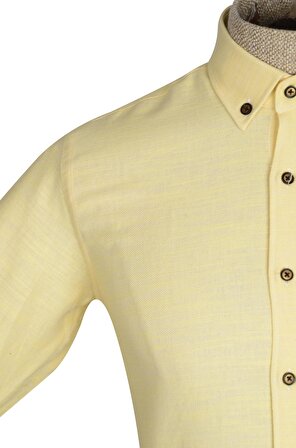 Cengiz İnler Yaka Düğmeli Keten Doku Erkek Slimfit Gömlek