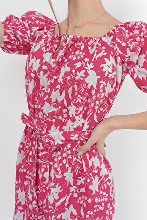 Kadın Kayık Yaka Büzgülü Volan Detaylı Midi Yazlık Elbise 4473/105