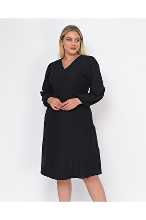 Kadın Büyük Beden Yırtmaç Detaylı V Yaka Midi Krep Elbise 4479/110