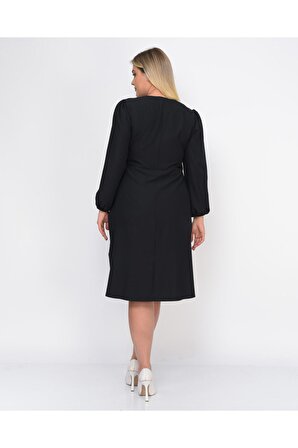 Kadın Büyük Beden Yırtmaç Detaylı V Yaka Midi Krep Elbise 4479/110