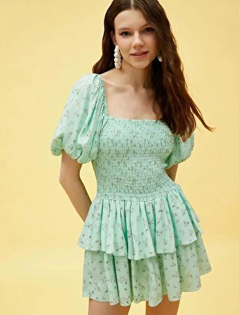 Kadın Giyim Elbise 3SAK80103EW Yeşil Desenli