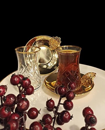 Ravi Jade Çiçekli Çay Seti Gold Kaplama 6'Lı