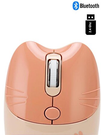 Sevimli Kedi Kablosuz Pudra-Bej Mouse Bluetooth + Dual Mode