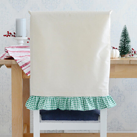 Yeşil-Beyaz pötikare fırfırlı krem ham bez sandalye kılıfı , 47x52 cm