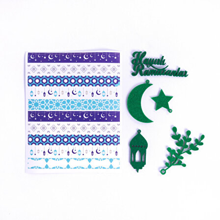 Yeşil keçe süs ve Ramazan motifleri bant sticker seti  6 parça