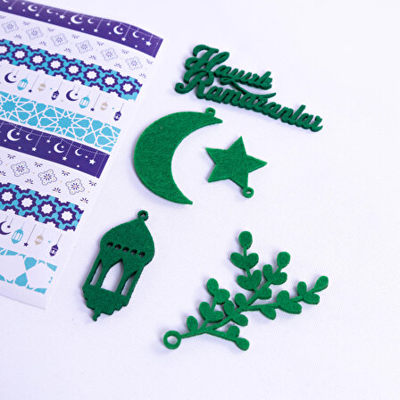 Yeşil keçe süs ve Ramazan motifleri bant sticker seti  6 parça
