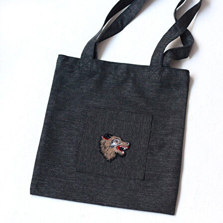 Wolf, siyah poly-keten kumaş çanta, 35x40 cm