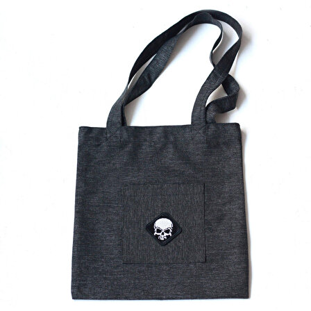 Skull, siyah poly-keten kumaş çanta, 35x40 cm