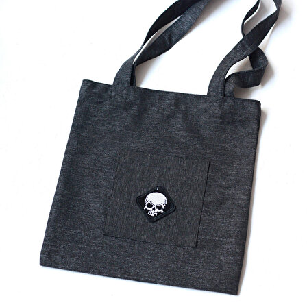 Skull, siyah poly-keten kumaş çanta, 35x40 cm
