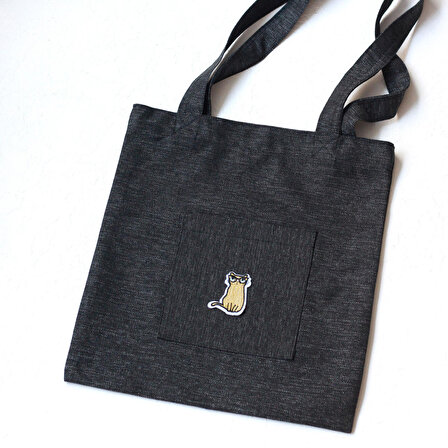 Yellow cat, siyah poly-keten kumaş çanta, 35x40 cm