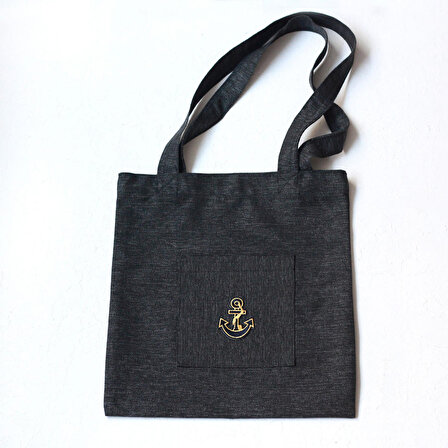 Anchor, siyah poly-keten kumaş çanta, 35x40 cm