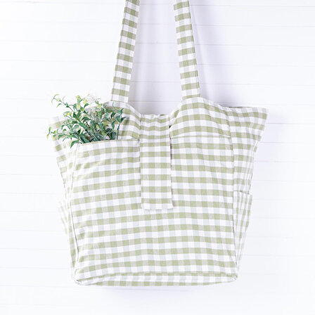 Dokuma pötikare kumaş, cırt kapaklı piknik çantası 35x51x22 cm  Yeşil