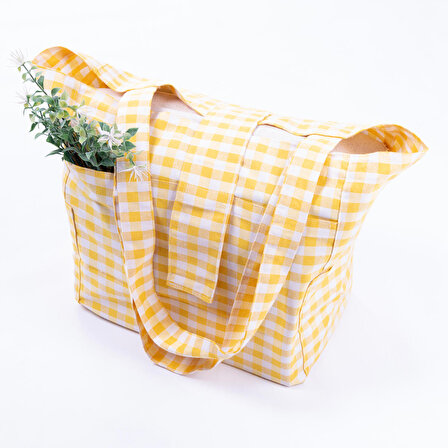 Dokuma pötikare kumaş, cırt kapaklı piknik çantası 35x51x22 cm  Sarı