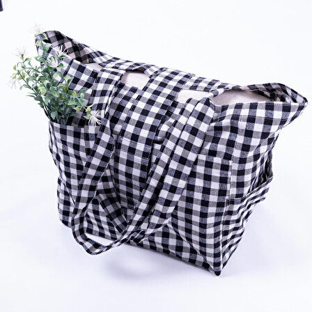 Dokuma pötikare kumaş, cırt kapaklı piknik çantası 35x51x22 cm  Siyah
