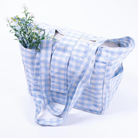 Dokuma pötikare kumaş, cırt kapaklı piknik çantası 35x51x22 cm  Açık Mavi