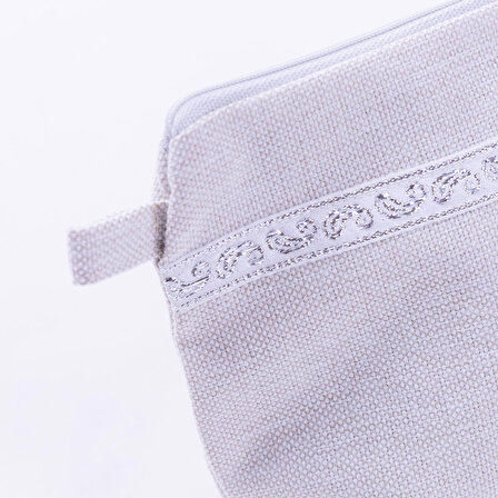 Poly keten kumaştan gümüş şerit detaylı gri makyaj çantası