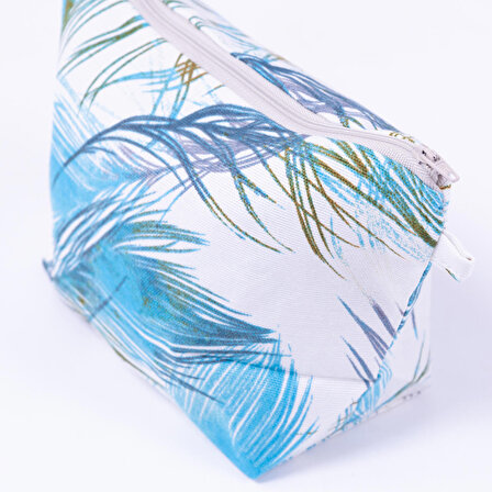 Su ve leke tutmaz duck kumaştan mavi yaprak desenli makyaj çantası