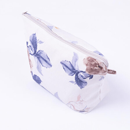 Su ve leke tutmaz duck kumaştan lacivert yaprak desenli makyaj çantası