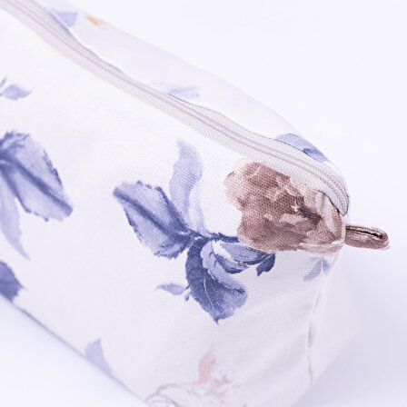 Su ve leke tutmaz duck kumaştan lacivert yaprak desenli makyaj çantası