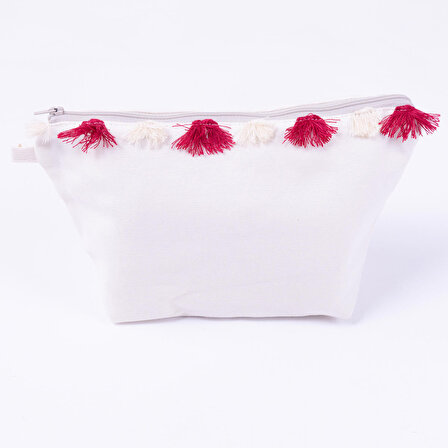 Su ve leke tutmaz duck kumaştan kırmızı püskül detaylı beyaz makyaj çantası