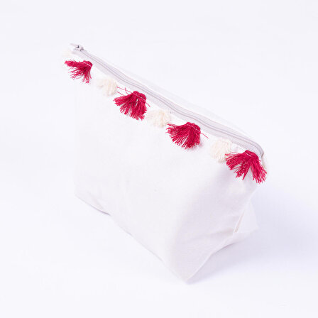 Su ve leke tutmaz duck kumaştan kırmızı püskül detaylı beyaz makyaj çantası