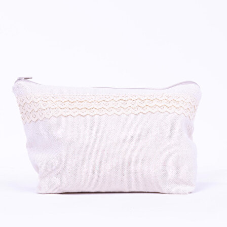 Cendere kumaştan dantel şerit detaylı krem makyaj çantası