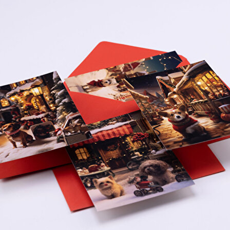 Kırmızı zarflı kartpostal seti, Kış ve Köpekler  1 set (4 adet)