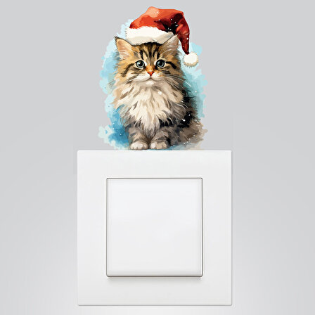 Yılbaşı priz sticker 9x12 cm, Noel Şapkalı Kedi  15 adet