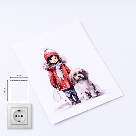 Yılbaşı priz sticker 9x12 cm, Kız Çocuğu ve Köpek  15 adet