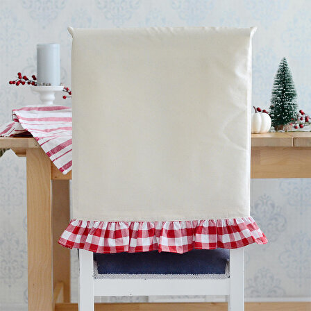 Kırmızı-Beyaz kareli fırfırlı krem ham bez sandalye kılıfı , 47x52 cm  2 adet
