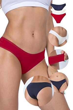 Kadın Renkli Bikini Külotlar - Lacivert, Kırmızı, Ekru (S, M, L, XL, 2XL) - 3 Adet