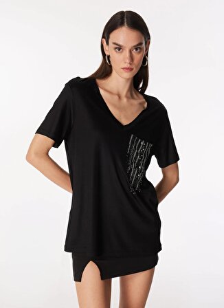 Fabrika Comfort V Yaka Taşlı Siyah Kadın T-Shirt FC4SL-TST0762