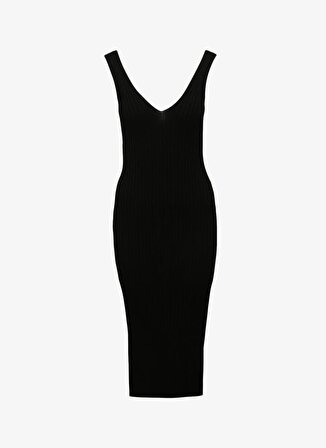 Fabrika Comfort V Yaka Düz Siyah Midi Kadın Elbise FC4SL-ELB0513