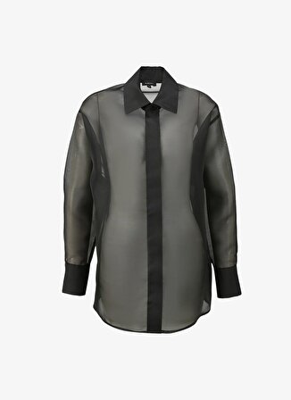Fabrika Geniş Fit Gömlek Yaka Düz Örgü Desenli Siyah Kadın Gömlek F4SL-GML0619